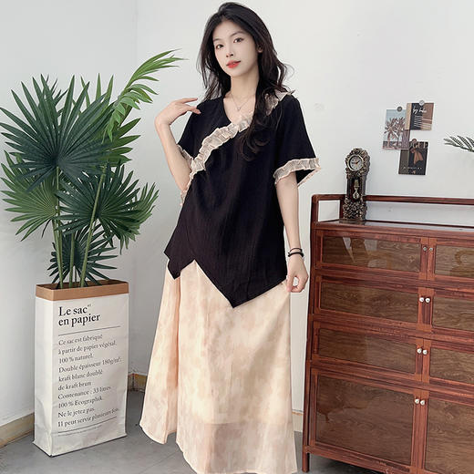 【130-320斤大码女装】木耳边短袖上衣+半身裙套装 夏季款胖mm新式国风套装 商品图5