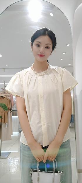 48R721法式全棉褶皱圆领衬衫时尚款T恤 小板型衬衫，白 黄