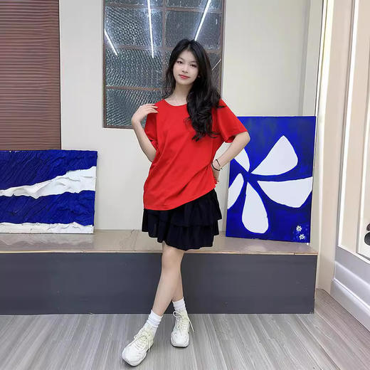【加大码纯色T恤+蛋糕短裙两件套】130-320斤女装上衣 夏季微胖可爱甜美少女风  商品图5