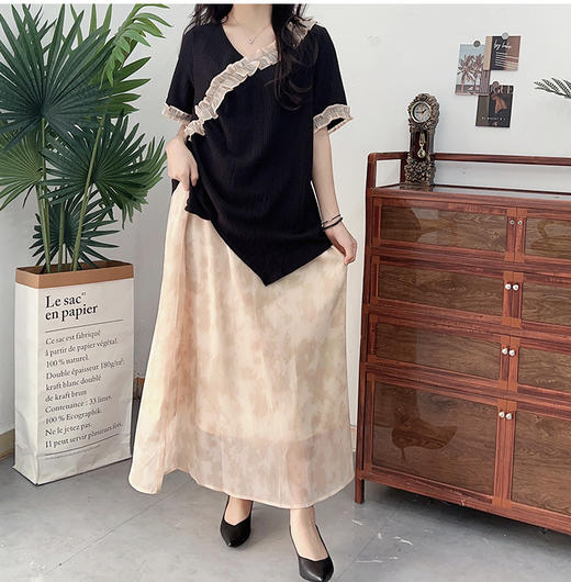 【130-320斤大码女装】木耳边短袖上衣+半身裙套装 夏季款胖mm新式国风套装 商品图7