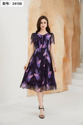 HJ1S83_紫薄汗色_连衣裙_四季_名媛风圆领半开襟网纱透视花卉印花短袖收腰显瘦中长裙_高级女装_BERNIEELEN 伯妮斯茵