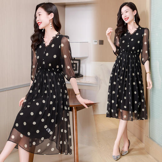 ASE-25010—1真丝法式连衣裙女2024年夏季新款真丝高端温柔风收腰显瘦中长款裙 商品图0