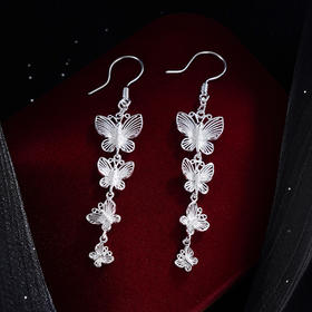 子佩集S990银【蛱蝶蹁跹】耳环【QFES040】纯银花丝四只蝴蝶流苏2405