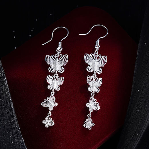 子佩集S990银【蛱蝶蹁跹】耳环【QFES040】纯银花丝四只蝴蝶流苏2405 商品图0