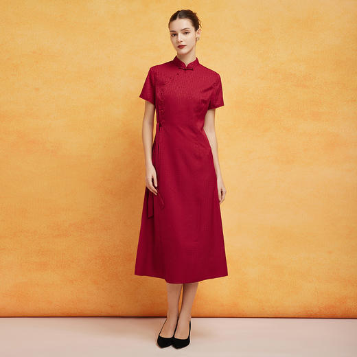 PF8H1斯尔丽2024新款旗开得胜提花改良腰间收褶挡肚放摆改良旗袍连衣裙 商品图3
