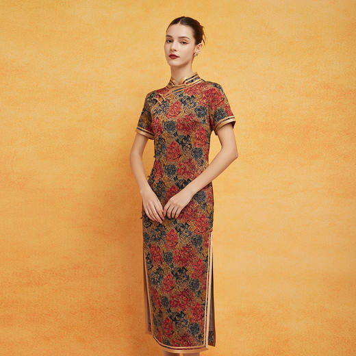 PF8G9斯尔丽2024新款花开富贵旗开得胜短袖改良旗袍中长修身显瘦连衣裙 商品图2