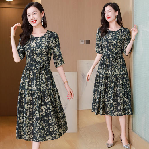 ASE通勤重磅真丝2024年夏季新款复古花色收腰显瘦真丝连衣裙夏季裙子 商品图0