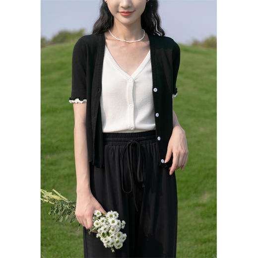 鹿向南 假两件针织衫女夏新款设计感小众V领撞色短袖开衫上衣LXN18753 商品图1