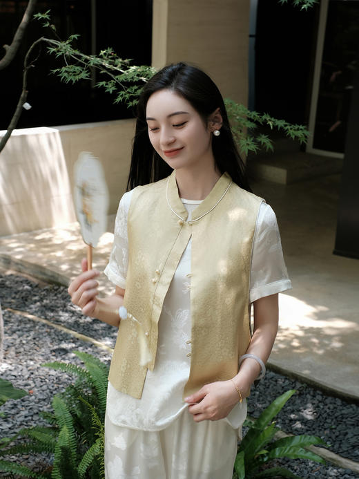 盛唐婧 |真丝花罗芳蝶对襟马甲-黄色 商品图0