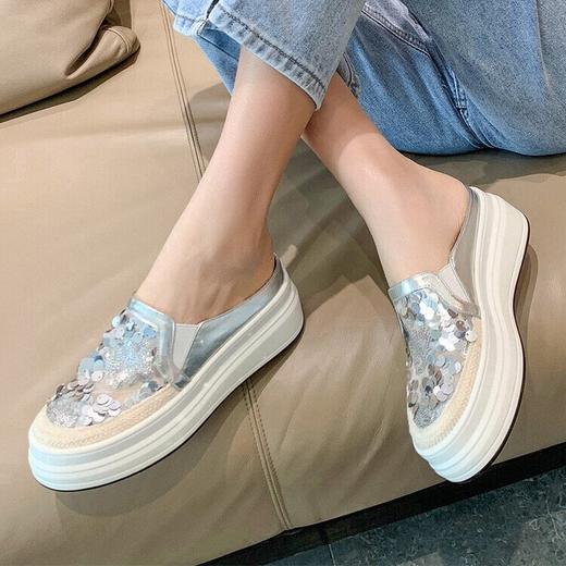 【预售5天】亮片半拖鞋女内增高6cm夏新款厚底凉拖坡跟女鞋ZMXY&2022T302-1 商品图2