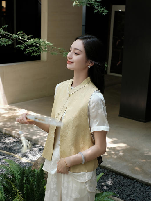 盛唐婧 |真丝花罗芳蝶对襟马甲-黄色 商品图1