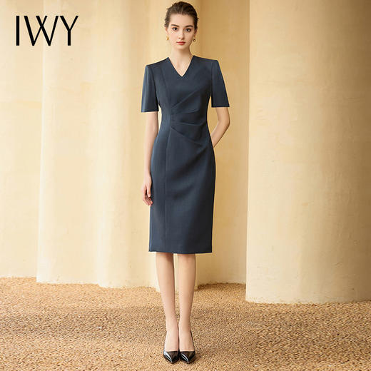 IWY/灰蓝色短袖连衣裙女夏V领工装裙高级气质酒店商务干练正式场合242036Q1 商品图4