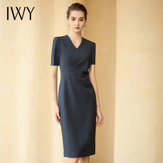 IWY/灰蓝色短袖连衣裙女夏V领工装裙高级气质酒店商务干练正式场合242036Q1 商品图1
