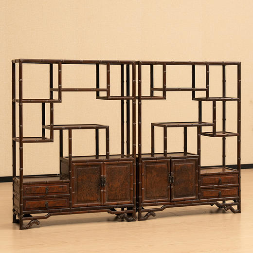 二十世纪 红木镶瘿木竹节工博古架摆件（一对） 商品图4