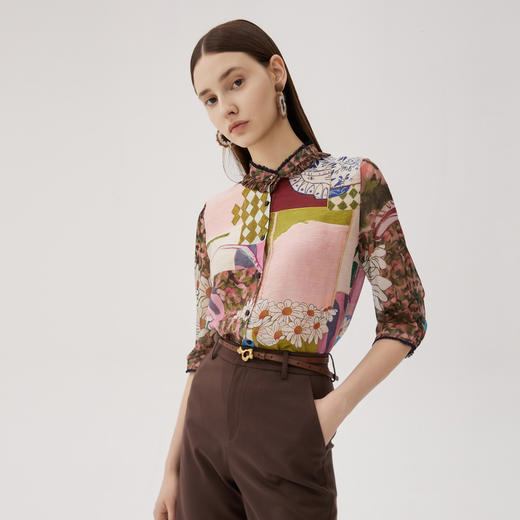 谜底花色衬衫七分袖女2024夏季款复古田园风荷叶领衬衣247MC5001 商品图1