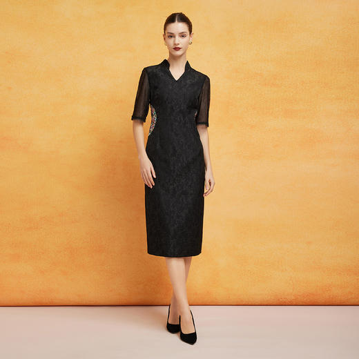 PF8F8斯尔丽24新款改良国风绣花拼接蕾丝袖修身版OL气质连衣裙 商品图3