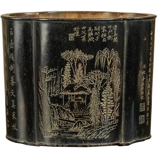 清 王文治款紫檀阴刻山水诗文海棠形笔筒 商品图5