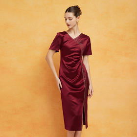 PF8L4斯尔丽2024新款高级感醋酸重工烫钻腰间褶皱显瘦宴会短袖连衣裙