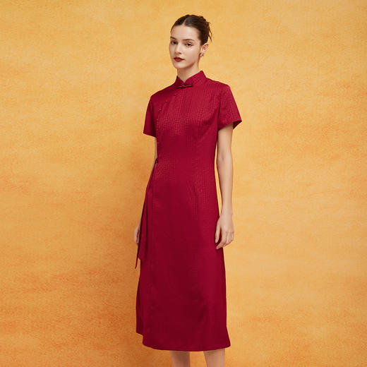 PF8H1斯尔丽2024新款旗开得胜提花改良腰间收褶挡肚放摆改良旗袍连衣裙 商品图2
