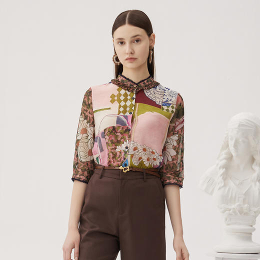 谜底花色衬衫七分袖女2024夏季款复古田园风荷叶领衬衣247MC5001 商品图0