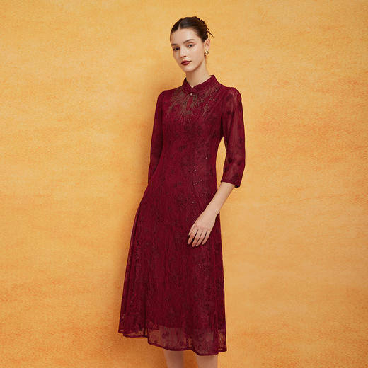 PF8F7斯尔丽2024新款喜婆婆宴会蕾丝改良旗袍烫钻修身显瘦七分袖连衣裙 商品图2