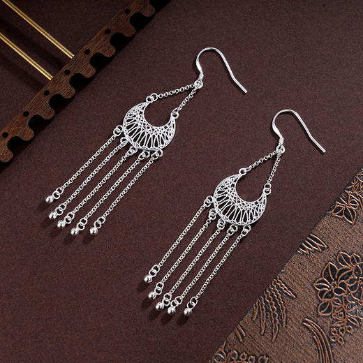 子佩集S990银【明月照雪】耳环【LEH000043-1】纯银花丝水滴流苏2405 商品图1