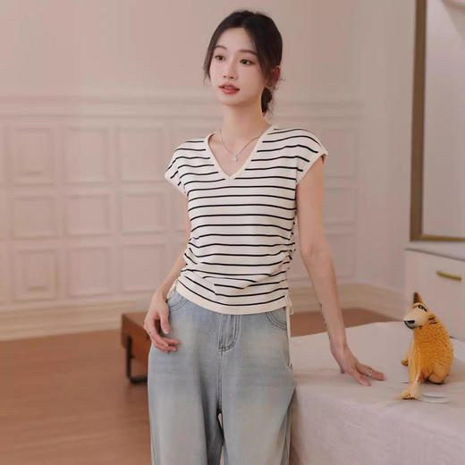 【条纹冰丝针织衫】正肩微胖显瘦上衣设计感小众冰丝针织衫抽绳别致条纹短袖t恤女夏 商品图5