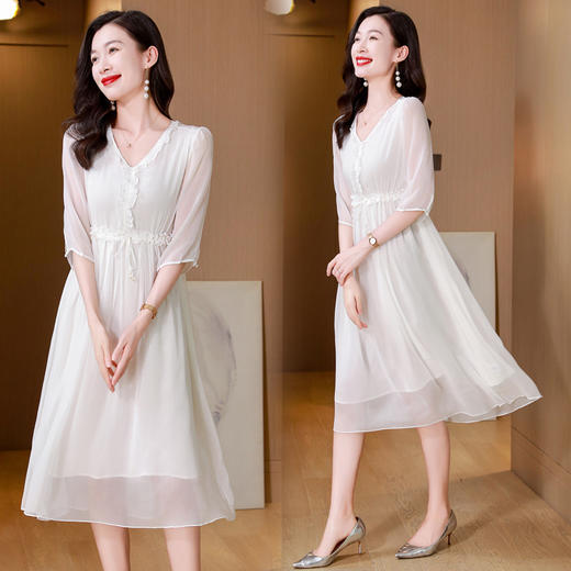 ASE真丝连衣裙女夏季2024新款高端轻奢气质纯色调节腰度假真丝连衣裙 商品图1