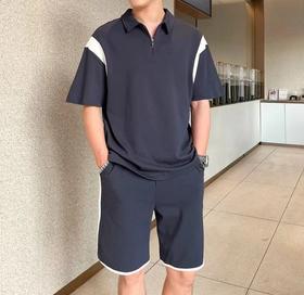 PJ1012夏季休闲短袖POLI衫套装男百搭拼接T恤短裤POLO衫两件套
