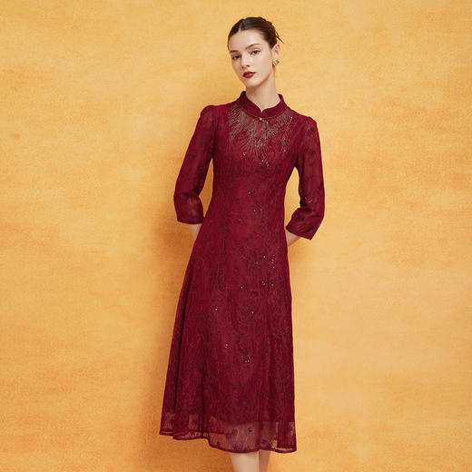 PF8F7斯尔丽2024新款喜婆婆宴会蕾丝改良旗袍烫钻修身显瘦七分袖连衣裙 商品图0