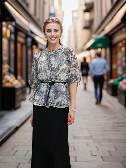 圆领袖破刀宽松中袖衬衣 商品图1