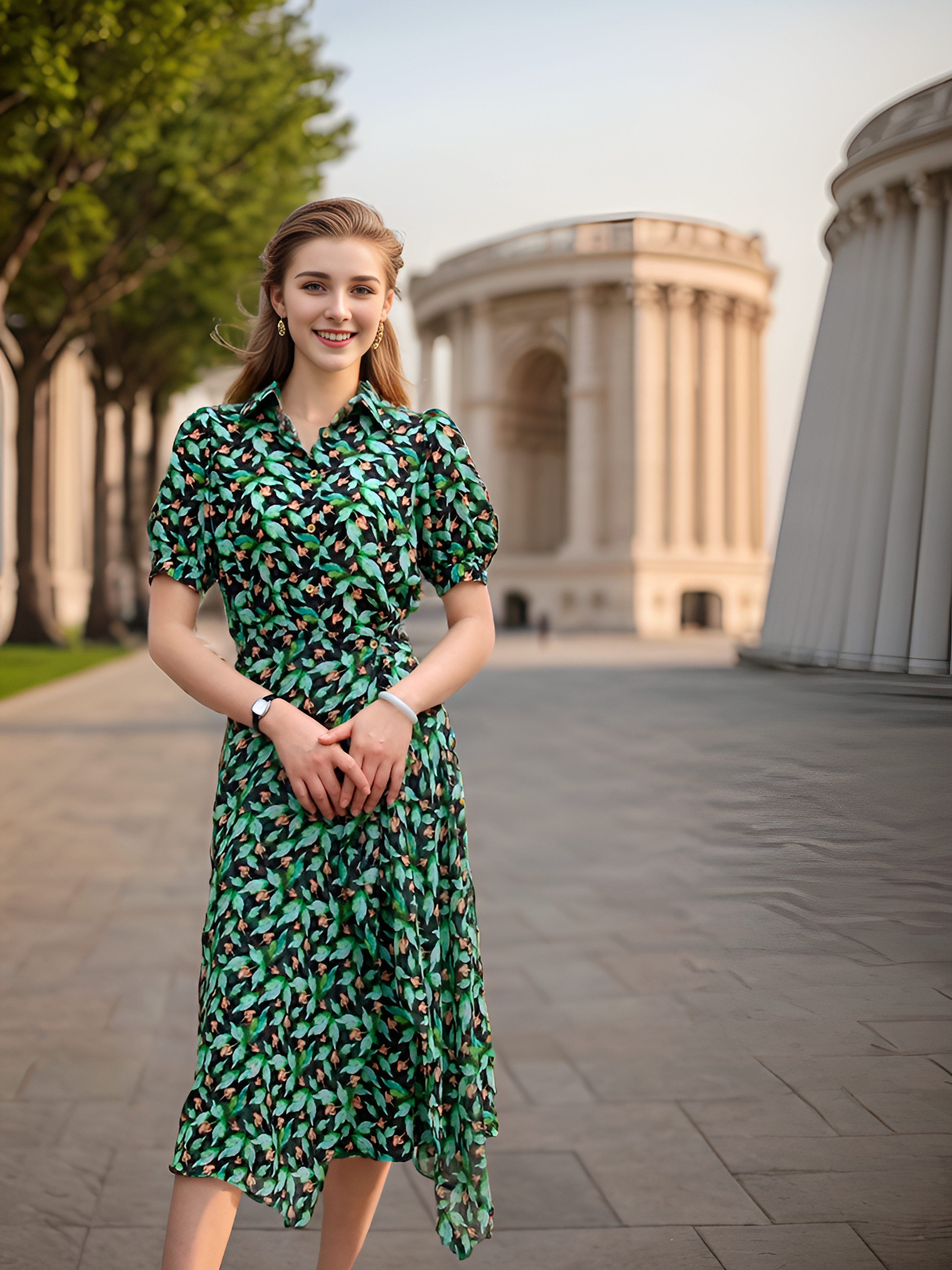 围裹式衬衣领通勤连衣裙