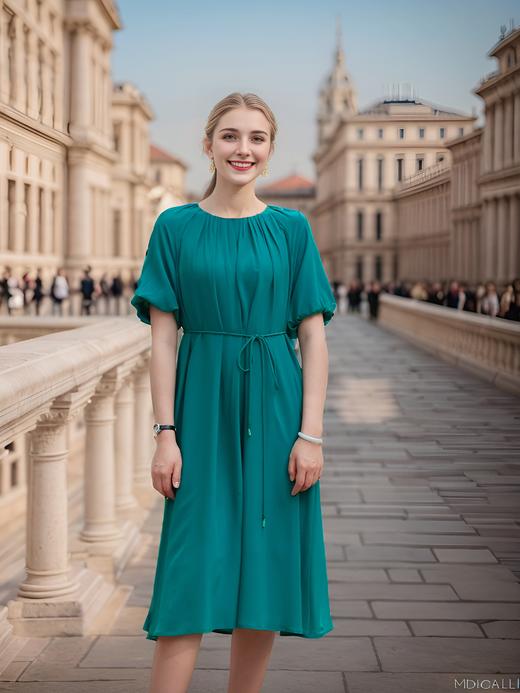 圆领后背镂空设计感泡泡袖连衣裙 商品图2