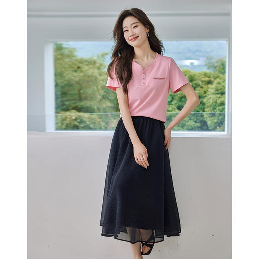 【专属特价】熙世界长绒棉粉色上衣夏天2025新款简约纯色百搭休闲短袖T恤衫 商品图5