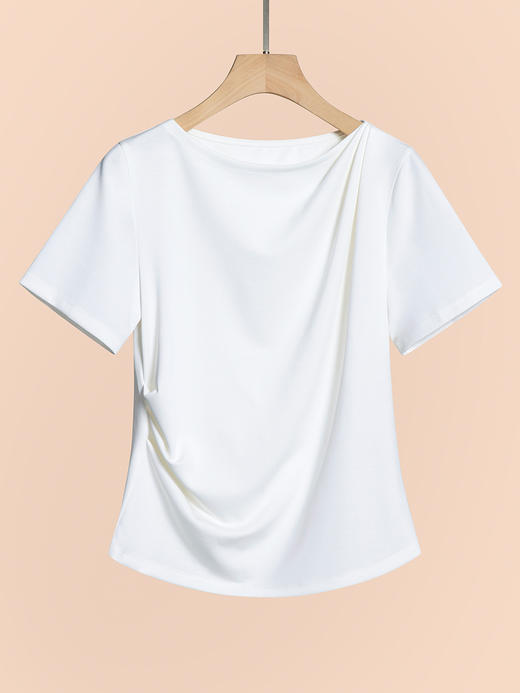 全新升级【铂金会员109/天猫139/差价30】(54223)洛诗琳通勤风百搭上衣2024夏季新款显瘦不规则圆领弹力短袖T恤女 商品图3