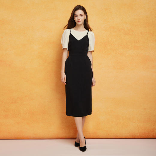 PF8D6斯尔丽24新款法式气质精致显瘦撞色假两件式配泡袖甜美知性连衣裙 商品图3