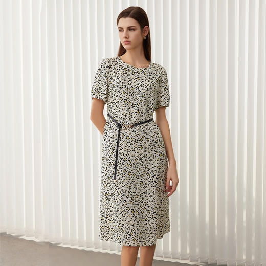 【桑蚕丝印花连衣裙】24年春夏新品女士100%桑蚕丝中长款圆领印花真丝裙 商品图1