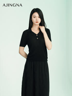 【商场同款】阿菁娜2024夏季新款翻领简雅松弛感针织衫A29X301012