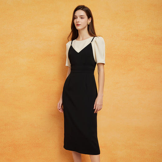 PF8D6斯尔丽24新款法式气质精致显瘦撞色假两件式配泡袖甜美知性连衣裙 商品图2