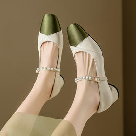 【预售5天】牛皮拼色粗跟浅口四季单鞋珍珠装饰玛丽珍女鞋BX&B1552