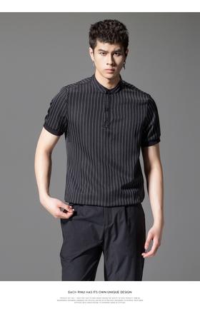 PINLI品立2024夏季新款商务休闲短袖衬衫男条纹立领修身衬衣上衣B242113154