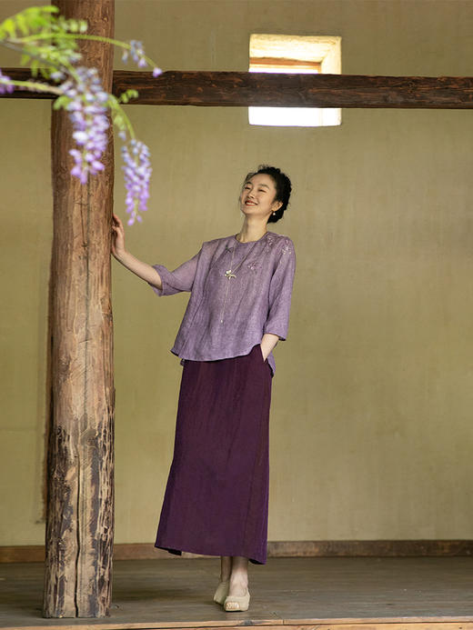 牧衣游原创 龟裂纹紫香云纱半身裙禅意宽松真丝直筒半裙 小绿间 商品图1