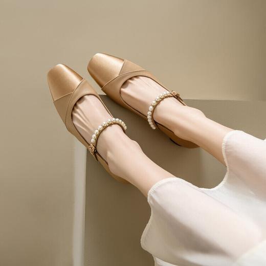 【预售5天】牛皮拼色粗跟浅口四季单鞋珍珠装饰玛丽珍女鞋BX&B1552 商品图4