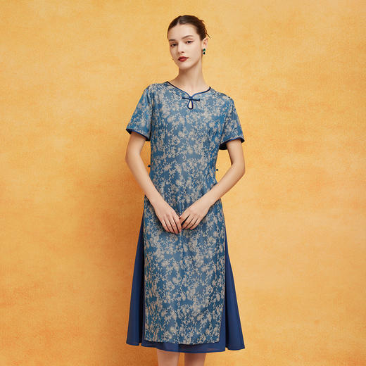 PF8H3斯尔丽2024新款改良旗袍奥黛款双层收腰放摆显瘦气质版连衣裙 商品图0