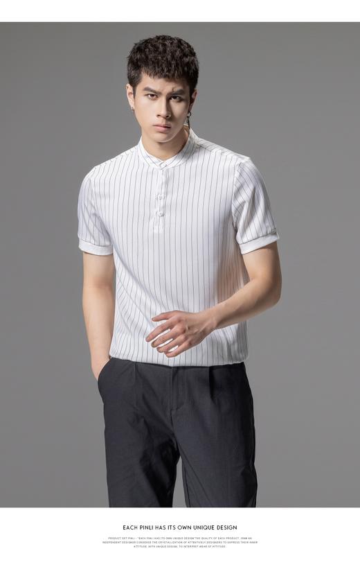 PINLI品立2024夏季新款商务休闲短袖衬衫男条纹立领修身衬衣上衣B242113154 商品图8