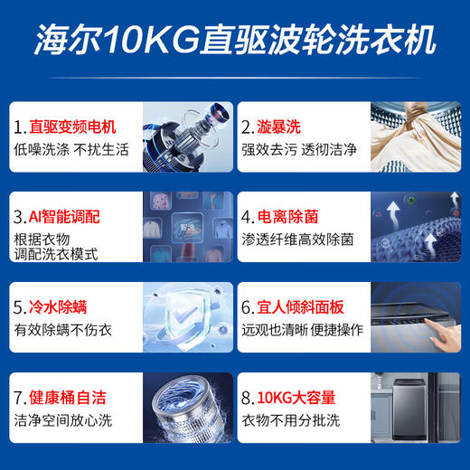 海尔（Haier）10KG波轮洗衣机全自动家用大容量直驱变频一级能效桶自洁智洗+旋暴洗1.13+除螨洗6088 商品图0