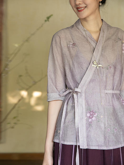 牧衣游原创 炒色丝棉刺绣衬衫新款禅意新中式上衣轻薄茶服 海棠梨 商品图3