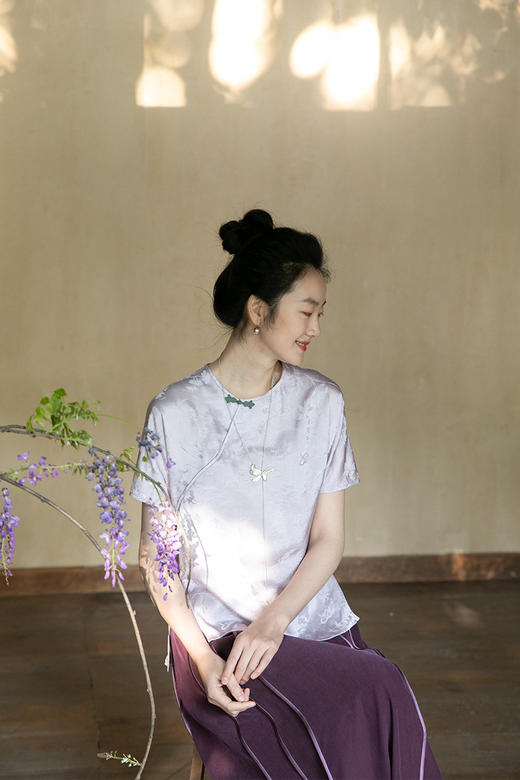 牧衣游原创 炒色真丝混纺衬衫女夏新款光泽轻薄复古文艺上衣 庭花 商品图5