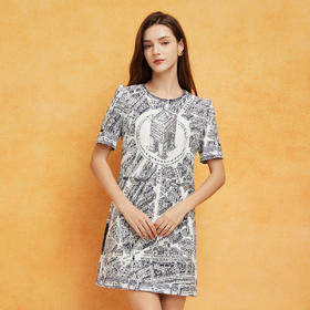 PF8H5斯尔丽2024新款韩版圆领H型显瘦高腰减龄时尚印花连衣裙