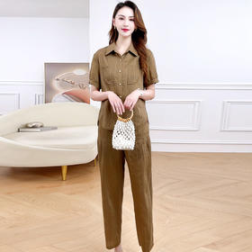 时尚POLO领短袖开衫，宽松显瘦休闲锥形裤两件套QYM-XYKL-48148-L